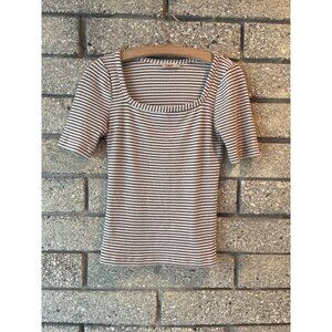 Faherty Womens XS Brown & White Striped Ribbed Knit Square Neck Top